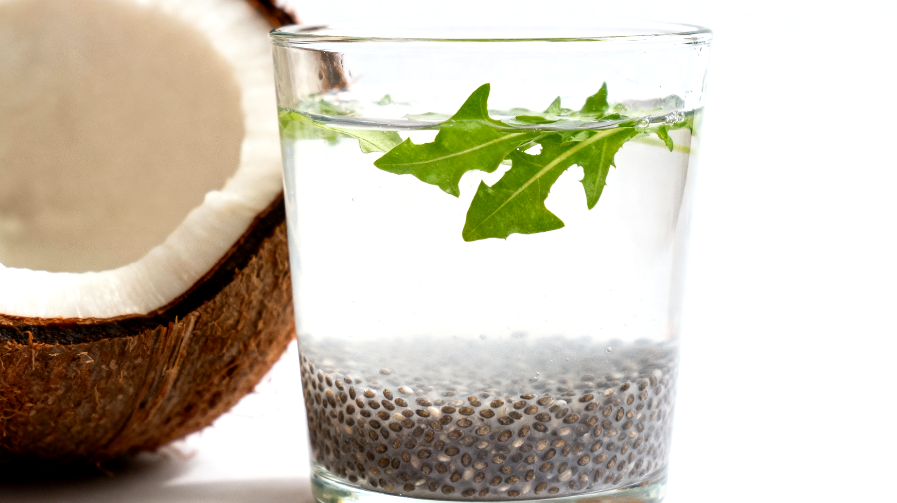 Acqua di cocco con semi di chia e foglie di tarassaco"