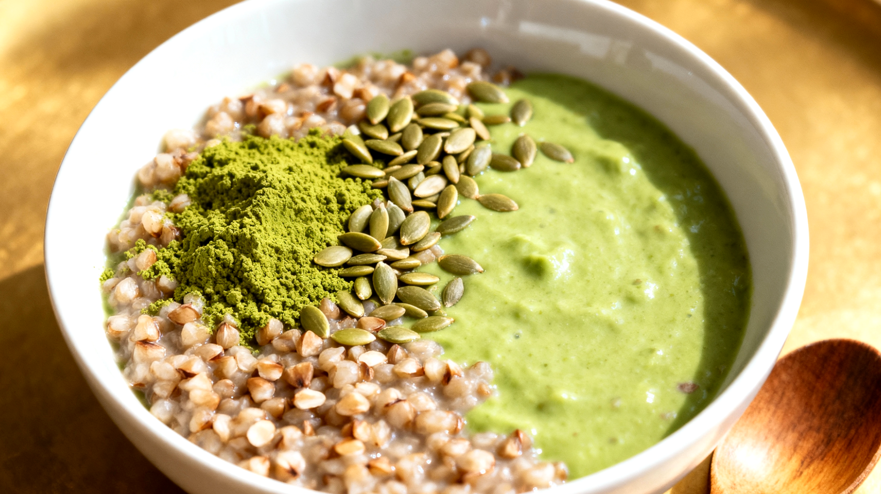 Buchweizen-Porridge mit Matcha und Hanfsamen"