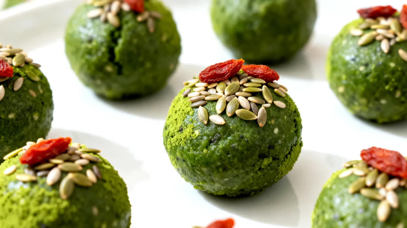 Chlorella-Spirulina Energiebällchen mit Hanfsamen und Goji-Beeren"