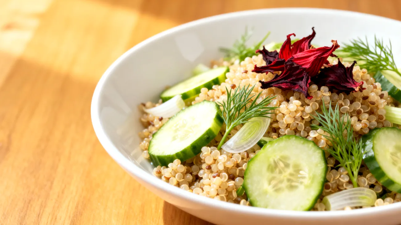 Hibiskusblüten-Quinoa-Salat mit Gurke und Fenchel"