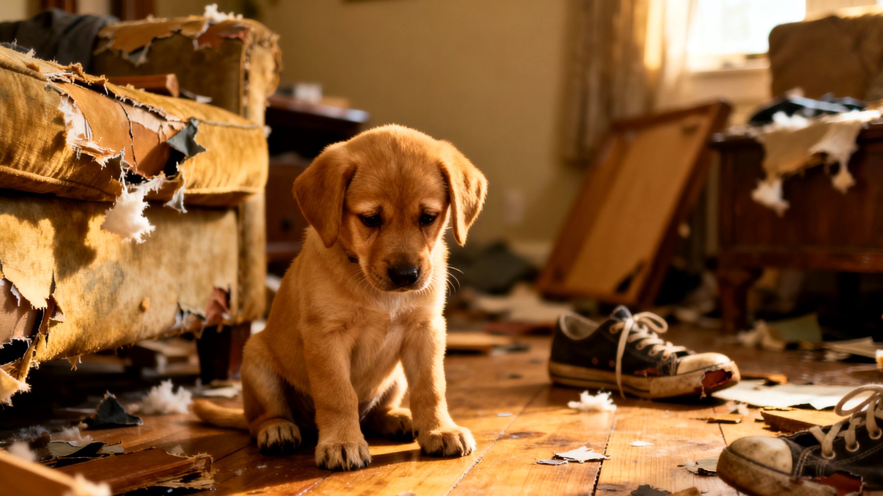Ein Welpe zeigt destruktives Verhalten wie übermäßiges Kauen an Möbeln und Schuhen, was auf mangelnde angemessene Beschäftigung und fehlende Kaugewohnheiten hinweist"