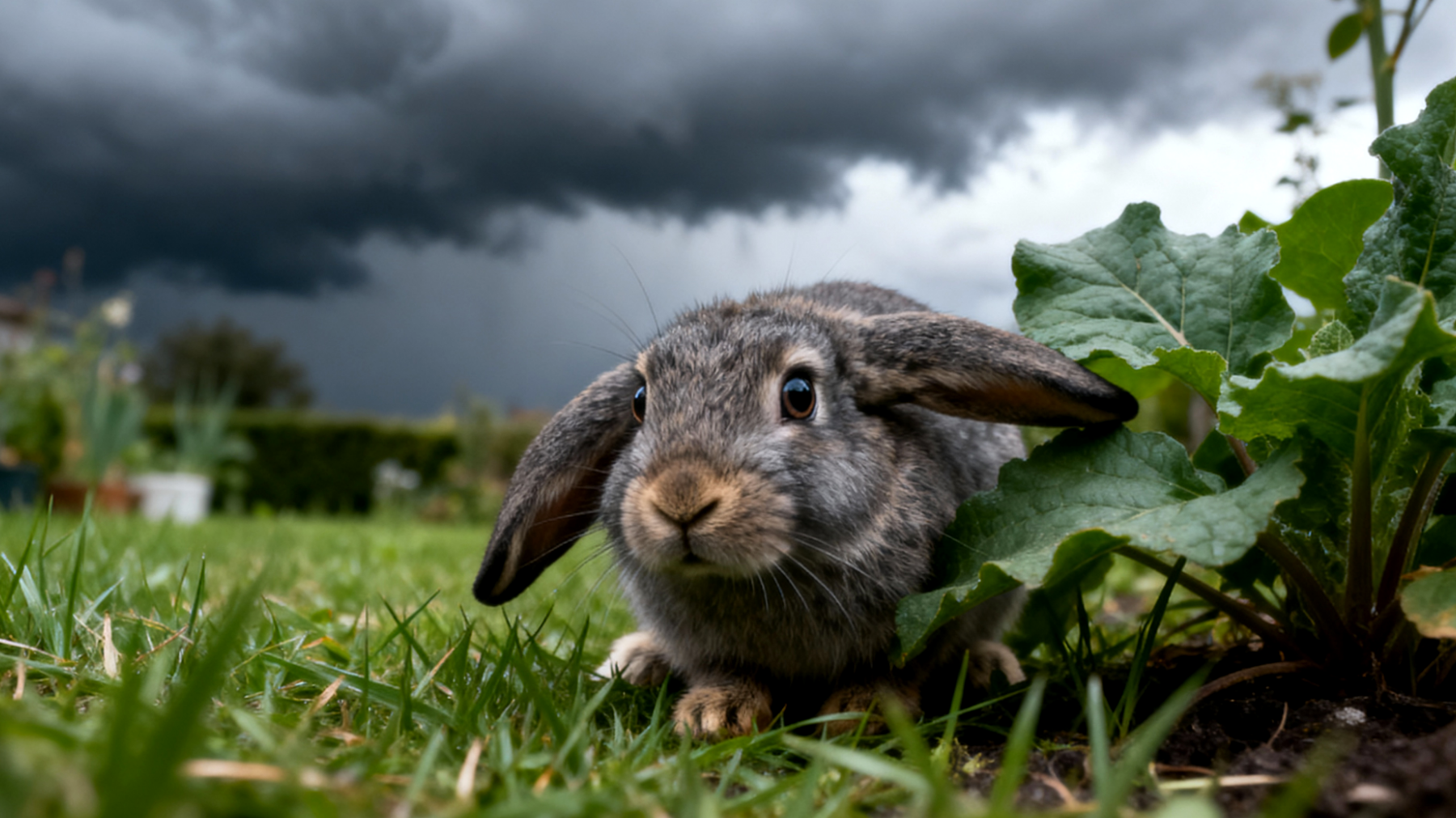 Kaninchen im Garten zeigen oft Stress durch Lärm, Wetterveränderungen und Raubtiere in der Umgebung, was zu Angstverhalten, Verstecken und reduzierter Aktivität führt"