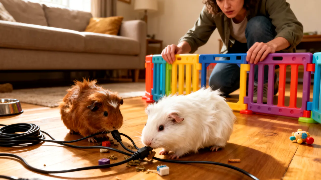 Meerschweinchen, die hauptsächlich in der Wohnung gehalten werden, benötigen sichere und strukturierte Auslaufmöglichkeiten im Haus, da sie täglich mehrere Stunden Bewegung außerhalb des Käfigs brauchen, aber gleichzeitig vor Gefahren wie Kabeln, kleinen Gegenständen zum Verschlucken und ungeeigneten Verstecken geschützt werden müssen"