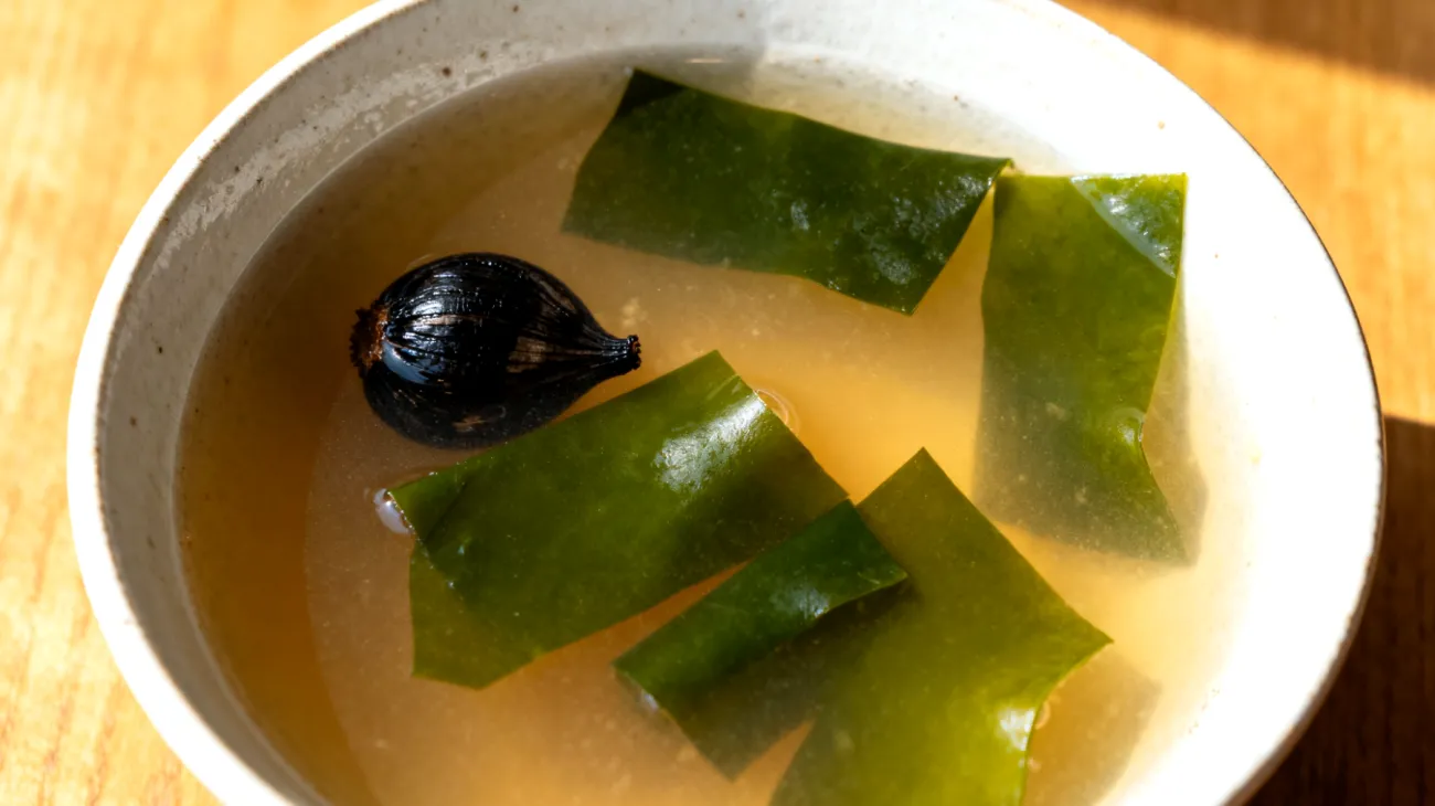 Miso-Suppe mit Wakame-Algen und fermentiertem schwarzen Knoblauch"