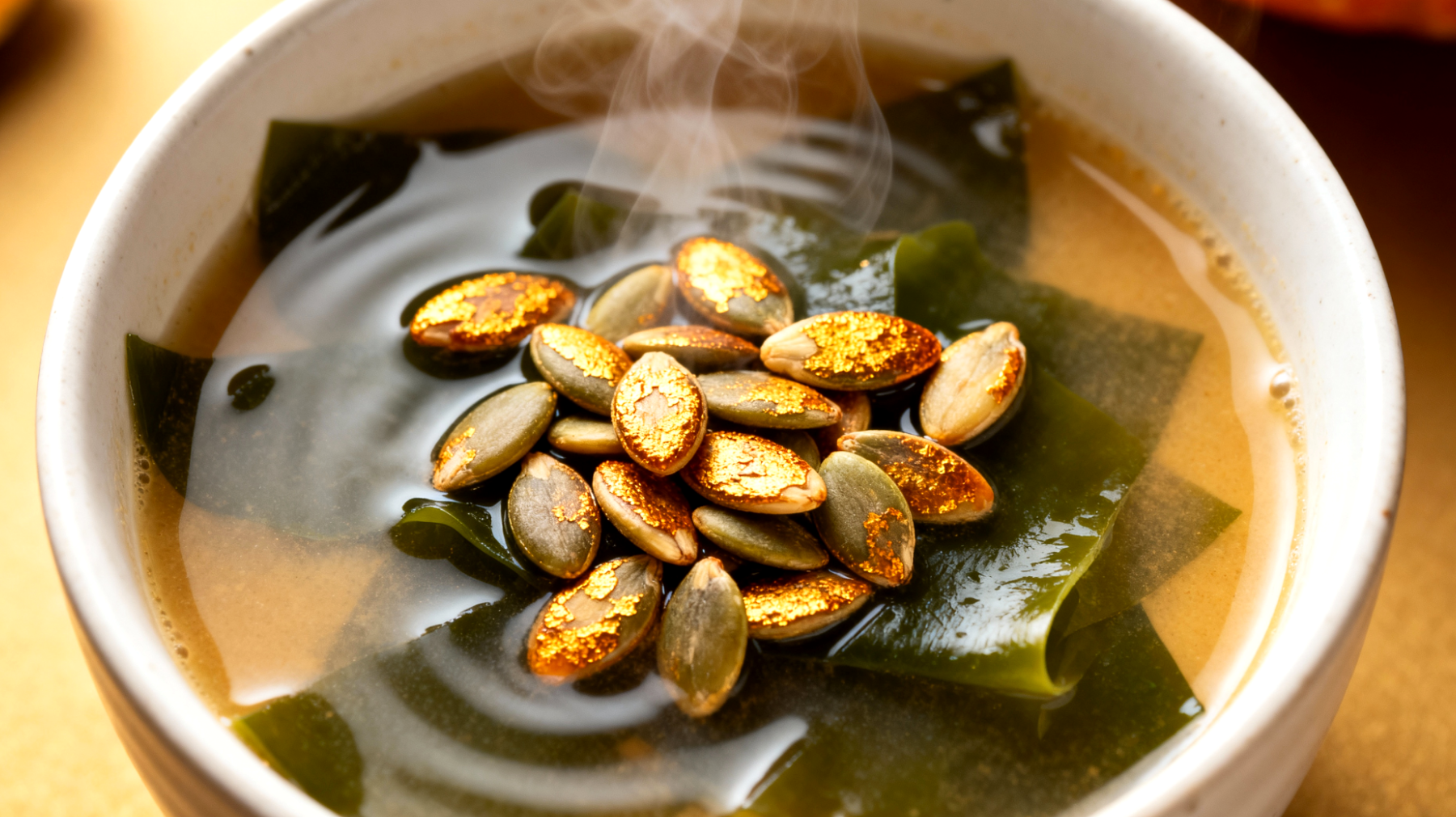 Miso-Suppe mit Wakame-Algen und gerösteten Kürbiskernen"