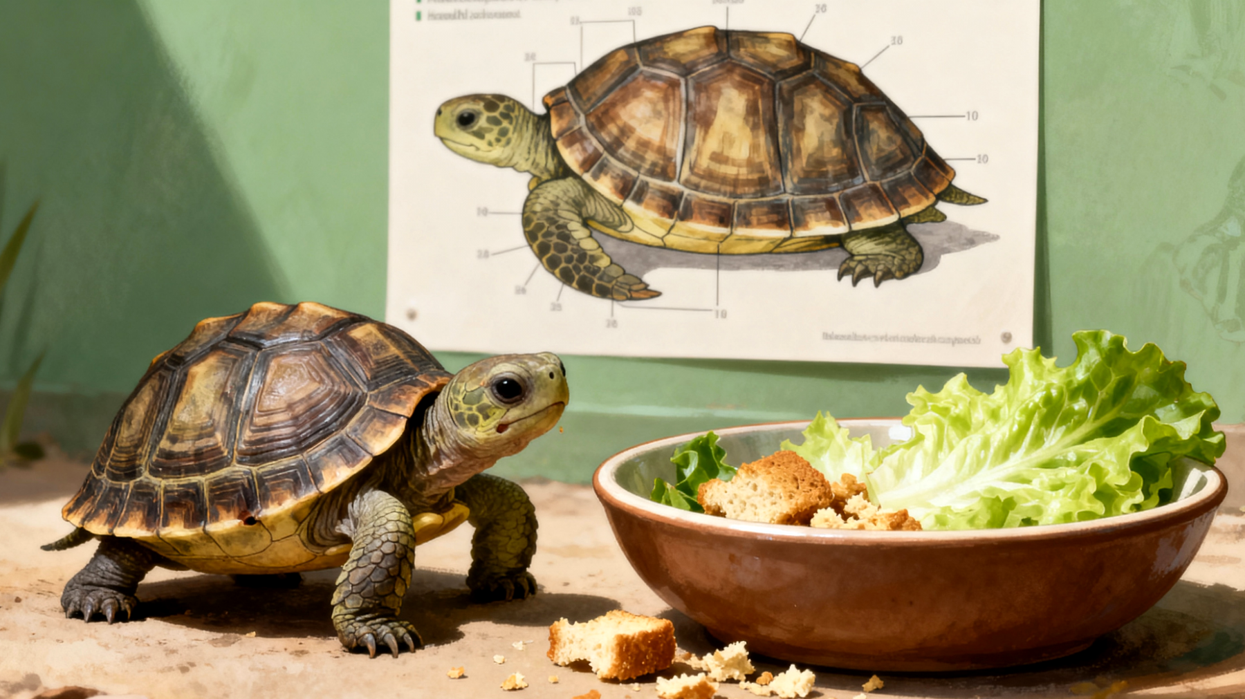 Junge Schildkröten benötigen eine sehr spezifische und ausgewogene Ernährung für ihr Wachstum, aber viele Besitzer füttern ungeeignete Nahrung oder falsche Mengen, was zu Panzerdeformationen, Wachstumsstörungen und Mangelerscheinungen führen kann"